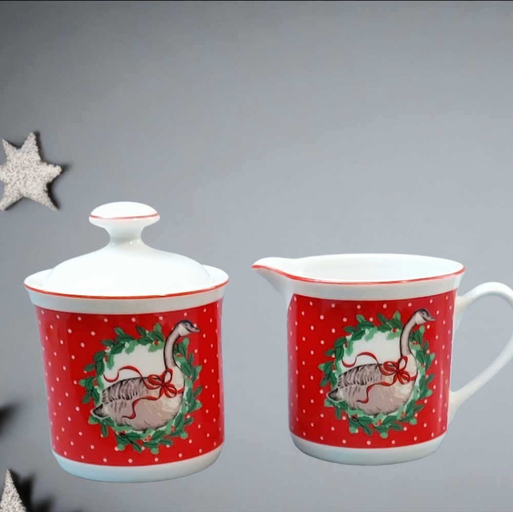 Vintage Christmas Goose Cream & Sugar Set Japan